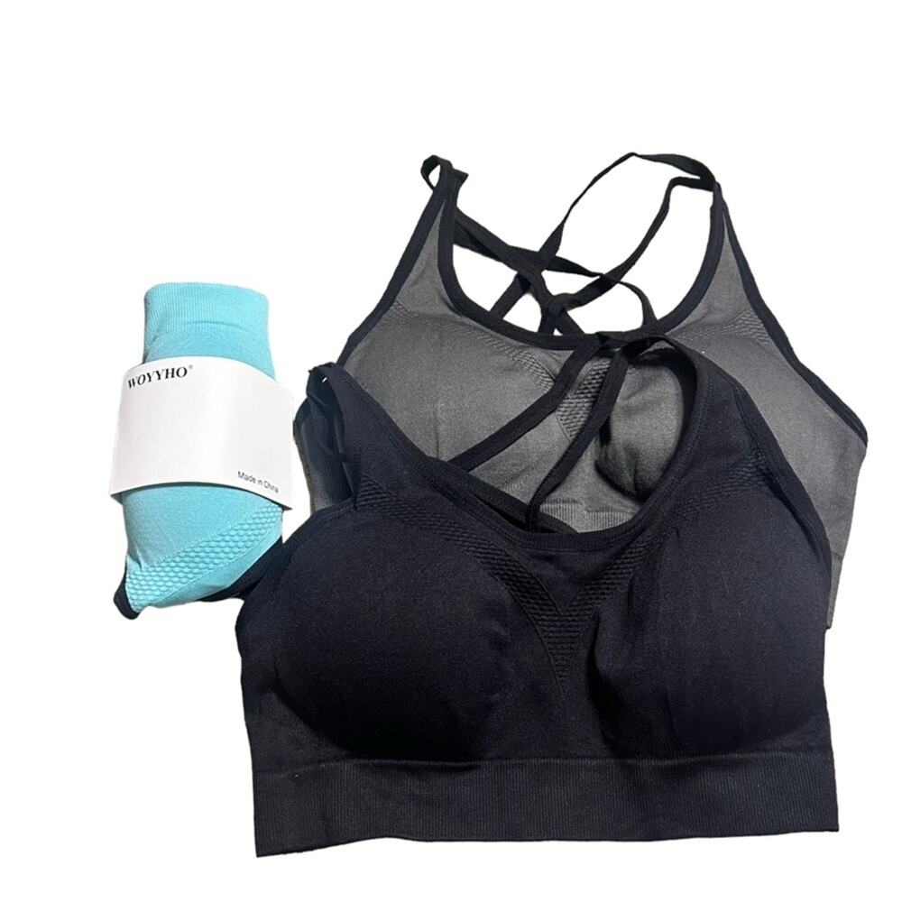 Woyyho Sports Bras Three Pack Size Medium Blue Black and Gray